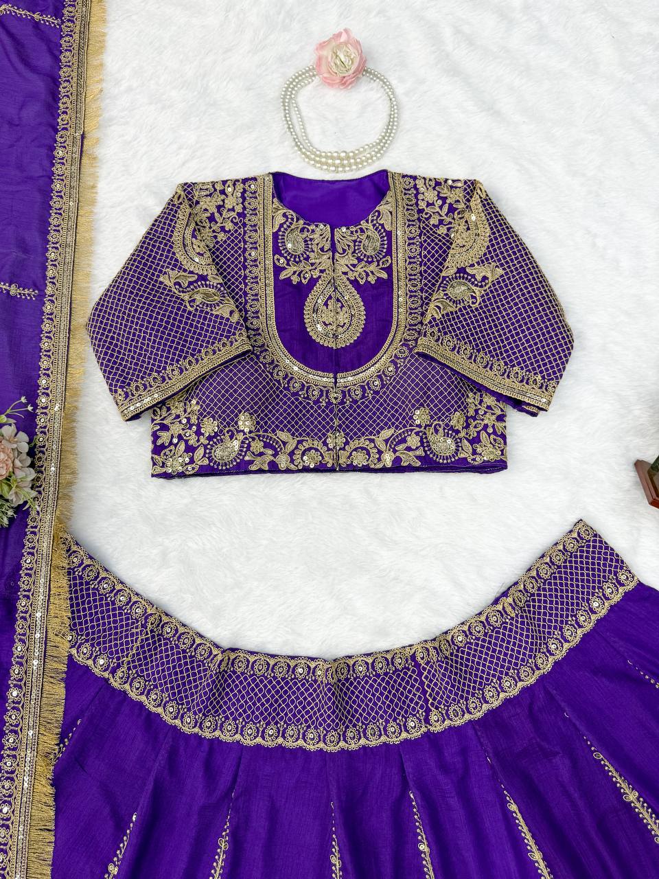 Royal Amethyst Purple Silk Lehenga Choli with Majestic Gold Zari Heritage Motifs and Elaborate Borders
